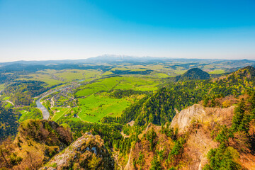 Hiking to peak Tri Koruny or Trzy Korony during day. Pieniny National park in Poland. View from the lookout at the top © Zedspider