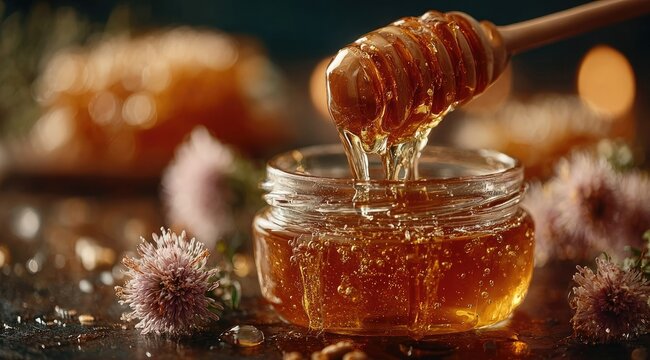 Golden honey pours from a dipper into a glass jar, surrounded by honeycomb and flowers - Powered by Adobe