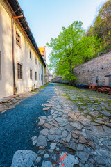 Medieval monastery Cerveny Klastor near Peak Tri Koruny or Trzy Korony in Pieniny National park in Slovakia and Poland