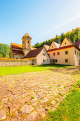 Medieval monastery Cerveny Klastor near Peak Tri Koruny or Trzy Korony in Pieniny National park in Slovakia and Poland