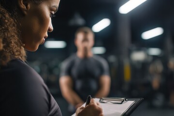 Focused female fitness coach writing on a clipboard while observing a male client during a personal training session in a dimly lit gym, highlighting dedication, assessment, and professional coaching