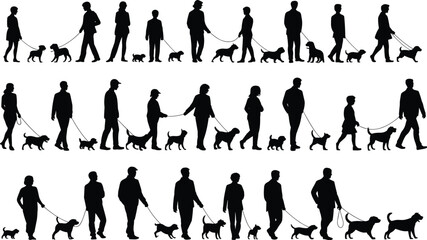People walking dogs, dog walking silhouettes, pet owners on leash walk, family dog strolls, outdoor activity, flat vector illustration