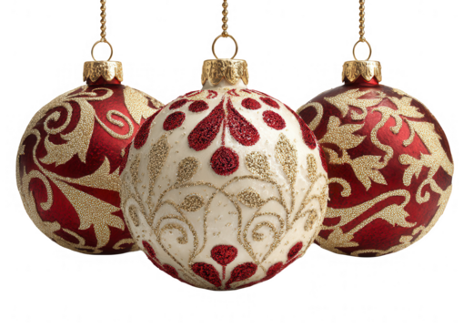 Three Christmas ornaments, red and cream, adorned with intricate gold patterns