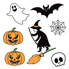 Obraz premium A collection of classic halloween icons including a ghost bat witch pumpkins spider web broom and skull perfect for festive decorations and designs