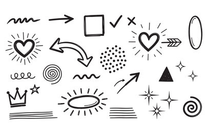 Fototapeta premium Hand drawn doodles of arrows hearts crowns and other elements on white background.