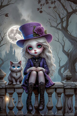 Gothic Fantasy Girl in Black Victorian Dress with Cat on Stone Balustrade under Full Moon and Dark Forest