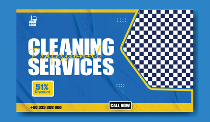 Professional cleaning services advertisement with man and cleaning supplies