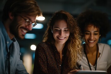 Young creative professionals smiling and collaborating on a digital tablet in a modern office at night, highlighting teamwork, innovation, and startup culture in a tech-driven work environment