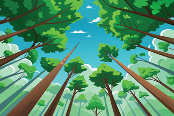 Looking up through tall green trees towards a bright blue sky with fluffy white clouds in a vibrant forest