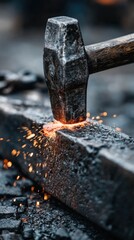 Close-up of a hammer striking hot metal, sparks flying
