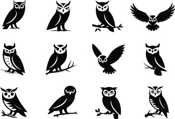 Collection of owl silhouette icons, various owl shapes, perched and flying owl designs, flat vector illustration