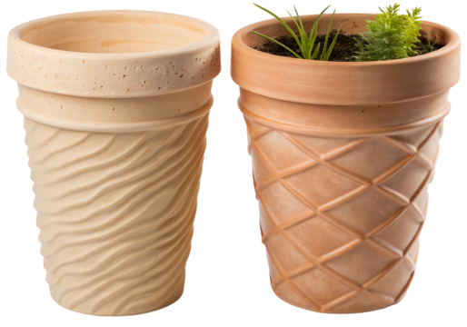 Two decorative clay pots with unique textures and small green plants indoors on white background