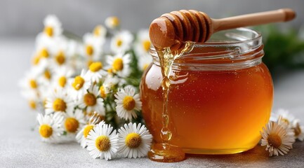 Golden honey flows from jar, chamomile blooms nearby