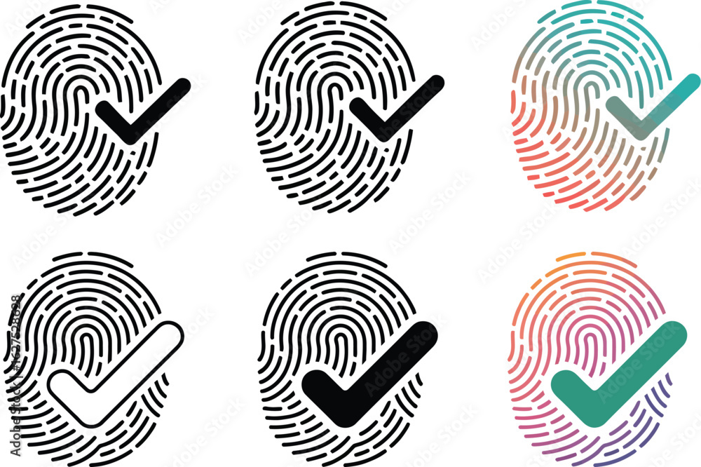 Poster three fingerprint icons with a checkmark for identity security