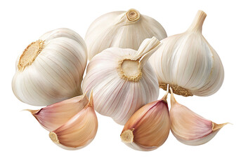 Obraz premium Garlic bulbs and cloves arranged isolated on white background in closeup front view display