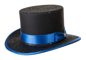 Elegant black top hat with sparkling blue ribbon and shimmering glitter for stylish fashion look