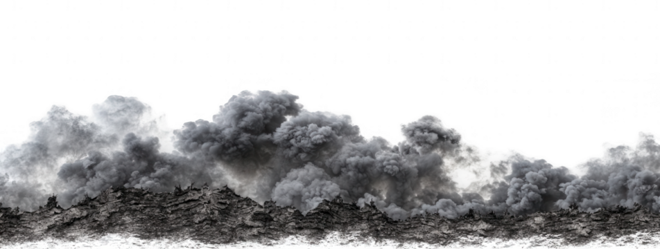 Gray smoke plumes billow across a dark background