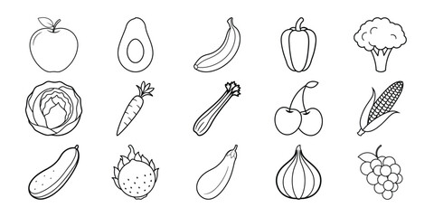 Collection of hand drawn fruit and vegetable illustrations isolated on white background