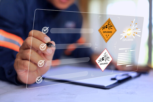Safety officers inspect and tick a check lists of explosion materials that may have explosive properties if not stored properly, such as gases, gunpowder, or various chemical compounds