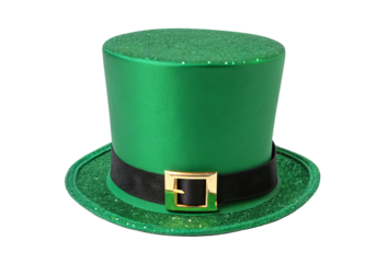 Shiny green leprechaun hat with black band and gold buckle front view isolated on white background