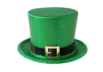Green glittery top hat with black band and golden buckle for festive celebrations accessory