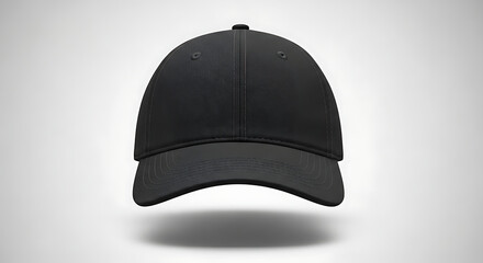 Floating black baseball cap mockup for logo presentation on a clean background.