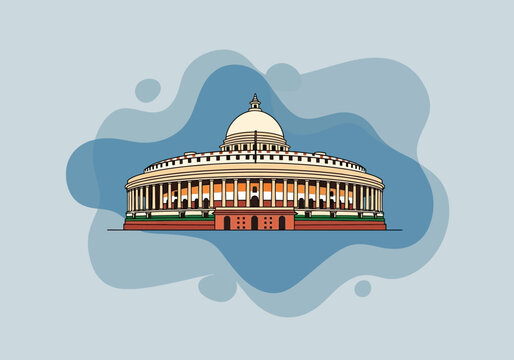 Stylized vector illustration of the Indian Parliament House, Sansad Bhavan. A historic landmark and symbol of democracy in New Delhi, India.