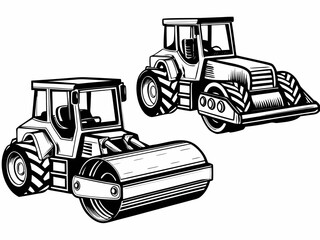 Naklejka premium Road Roller Construction Vehicles Black and White Silhouettes