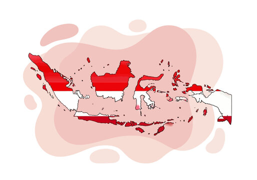 Vector illustration of the map of Indonesia filled with the national flag pattern on an abstract fluid background