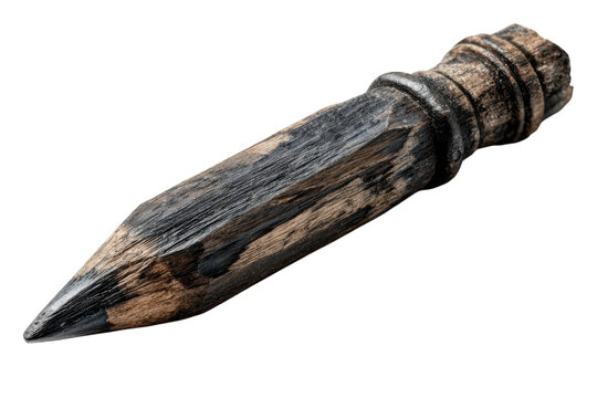 Ancient hand carved wooden point against dark background wooden stake wood craft antique rustic tool