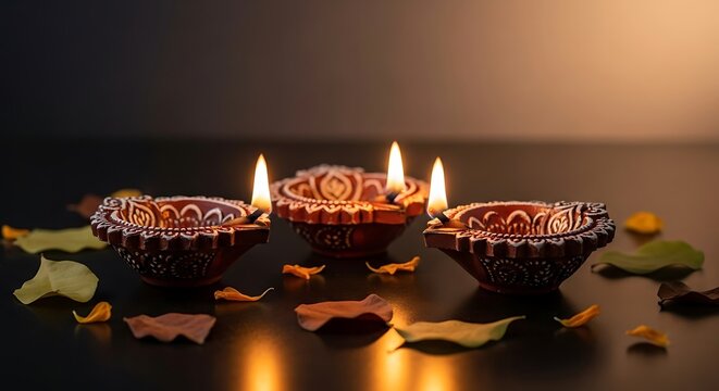 Three lit diyas illuminated in the dark silhouette