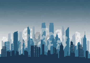 Obraz premium Vector illustration of a modern city skyline silhouette with industrial smoke. Urban cityscape background representing development and pollution.