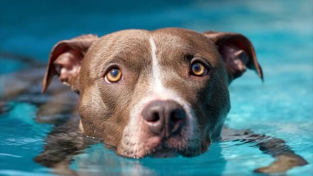 A pit bull dog is swimming in the pool