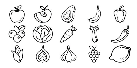 Collection of hand drawn fruit and vegetable icons isolated on white background