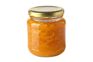 Jar of sweet orange marmalade with golden lid isolated on white background for kitchen decor