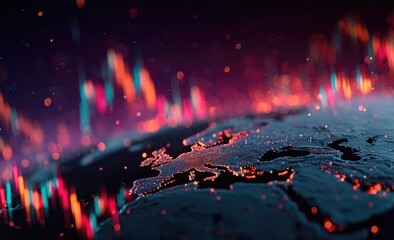 Earth map, data streams, glowing