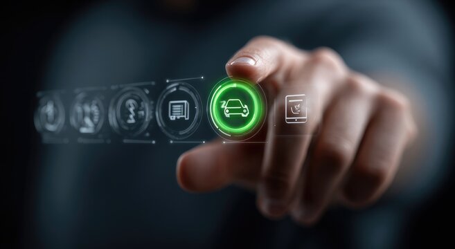 Hand selecting electric vehicle option on digital dashboard