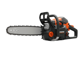 Professional chainsaw with a powerful motor, ready for cutting trees in a forest