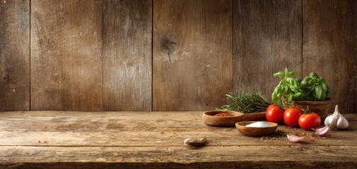 The rustic kitchen scene featuring fresh vegetables and herbs on a wooden table.
