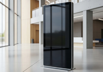 An empty standing digital totem display with a clean modern design in a bright corporate lobby, ideal for an advertising or information mockup.