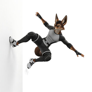 Fototapeta Anthropomorphic fox character in futuristic sportswear, striking an action pose, isolated on white background
