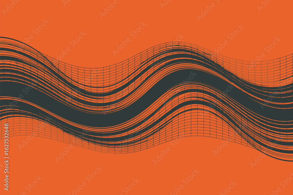 Poster an abstract illustration featuring wavy lines and a grid pattern against an orange colored backgroun