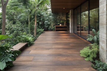 Outdoor wooden deck with surrounding lush green plants and landscaping