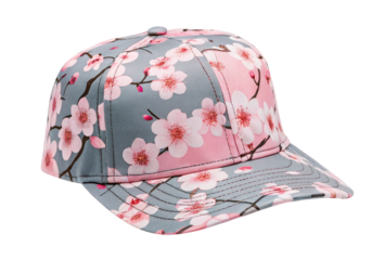 Cherry blossom floral cap with pink and white flowers on gray background in side view display
