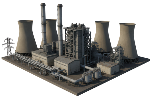 Industrial power plant with cooling towers and piping system under clear sky