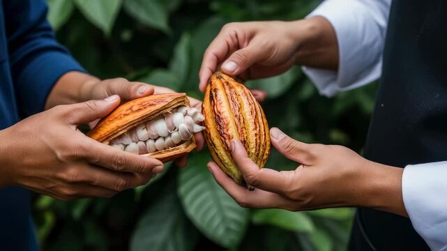 Two men's hands holding ripened cocoa pods, showing the a whole and an opened fruit with beans, cultivation process footage.