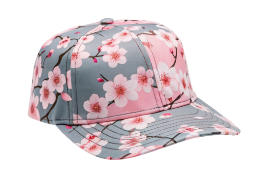 Cherry blossom floral cap with pink and white flowers on gray background in side view display