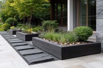 Outdoor landscaped garden with raised beds and decorative stone borders