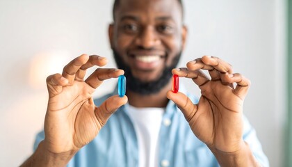 Man holding two pills, one blue and one red