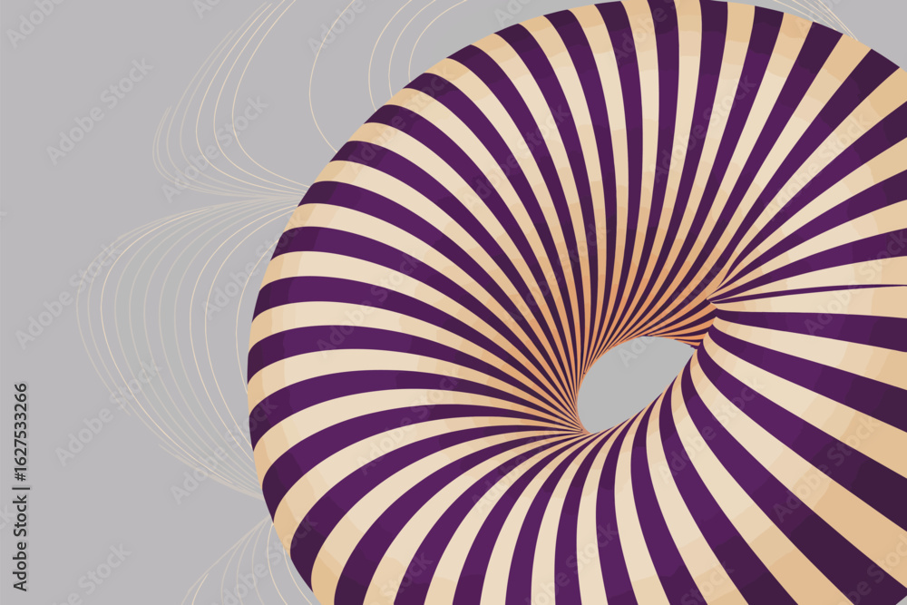 Poster striped torus shape with purple and beige bands on a light gray background with circular patterns